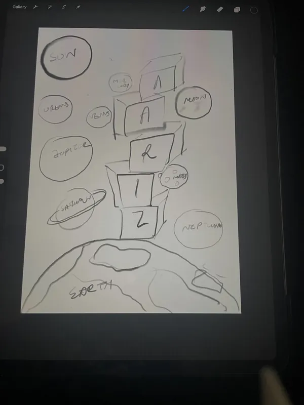Pencil sketch planning the name layout